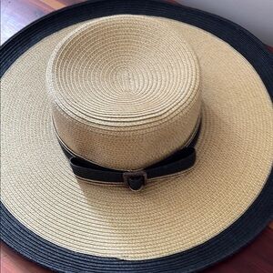Scala Wide-Brim Straw Hat with Black Trim and Bow Accent